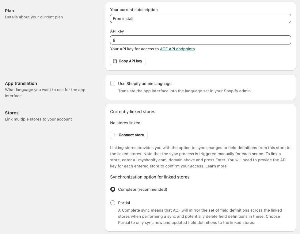 App settings: acf
