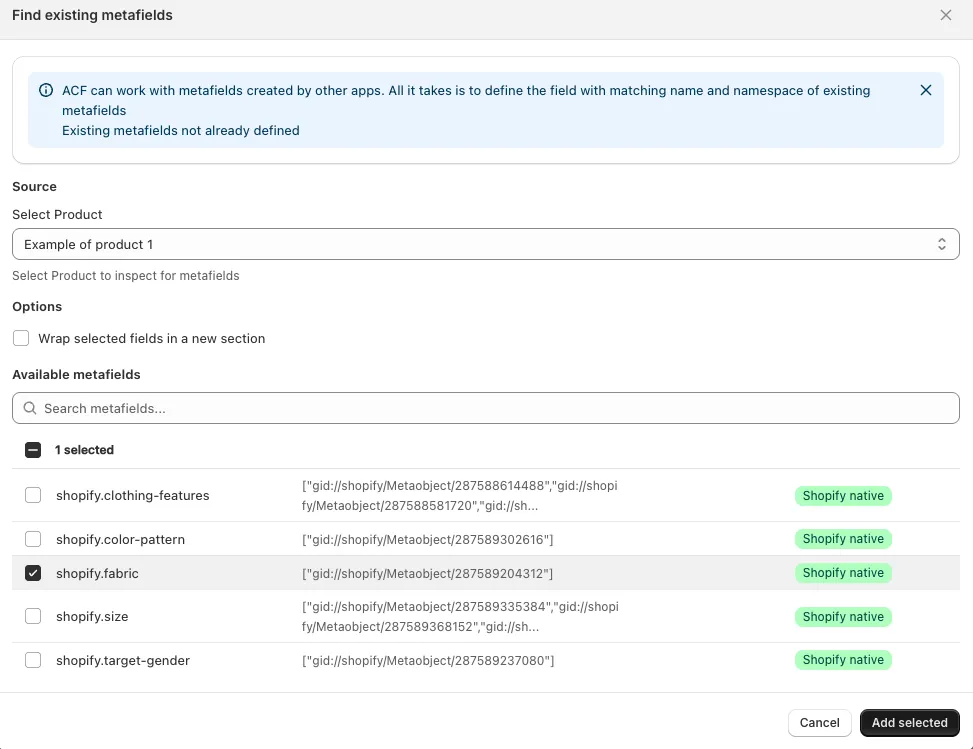 Import existing fields: add existing