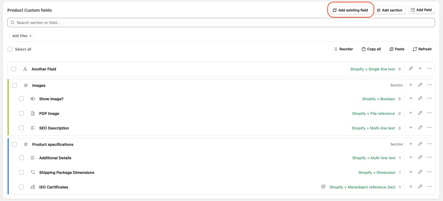 Import existing fields: add existing field