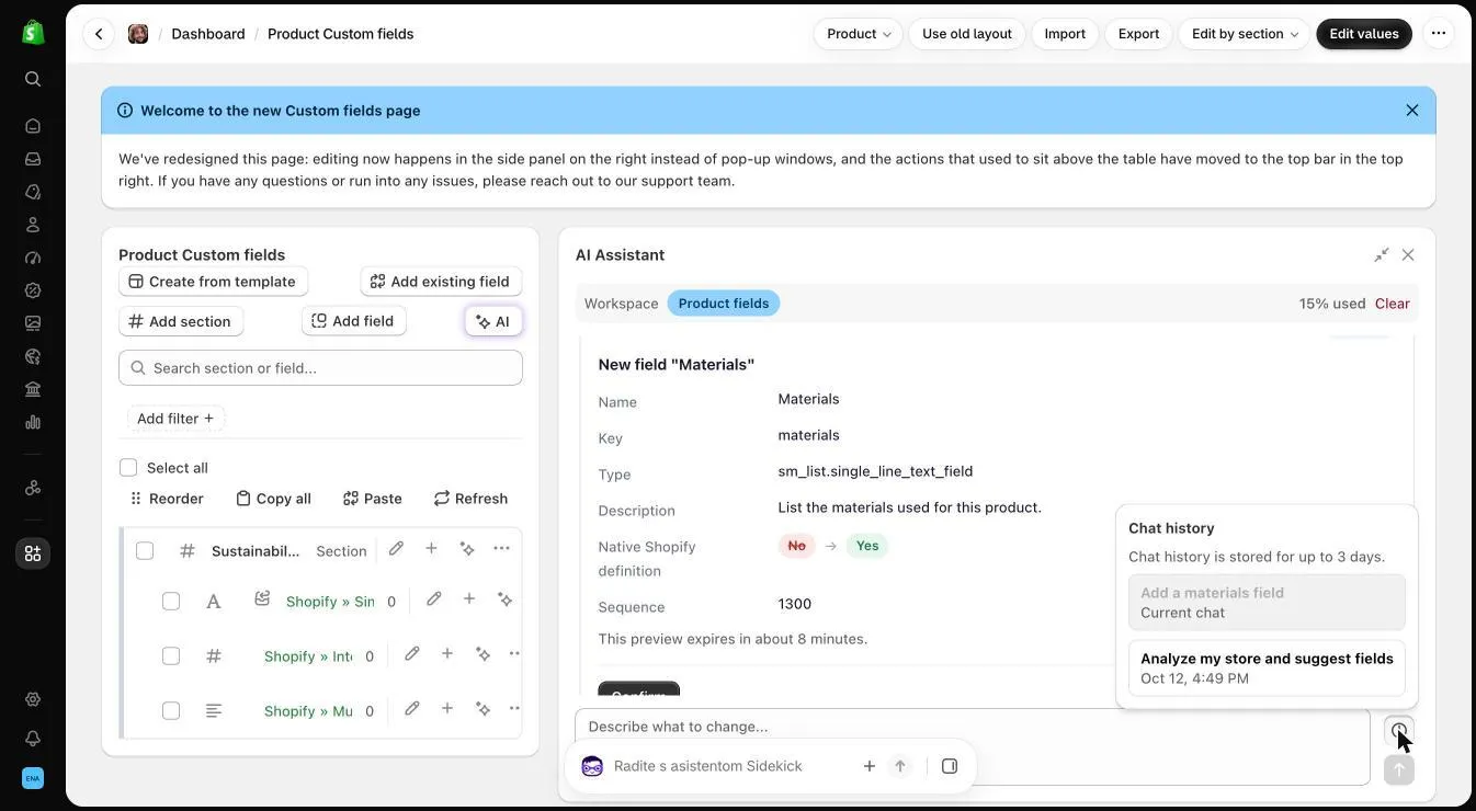 Chat history popover listing the current chat and an earlier “Analyze my store and suggest fields” conversation