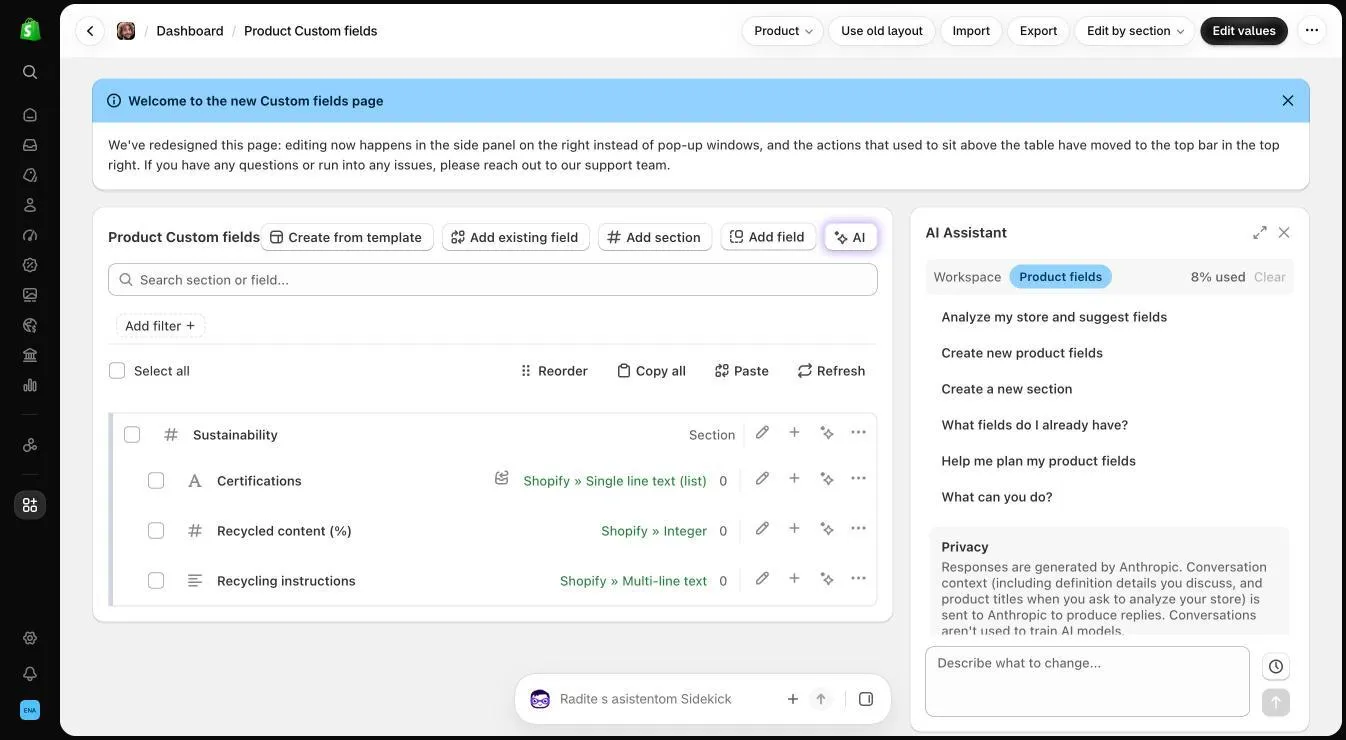 AI Assistant side panel opened from the AI button, showing suggested starting prompts