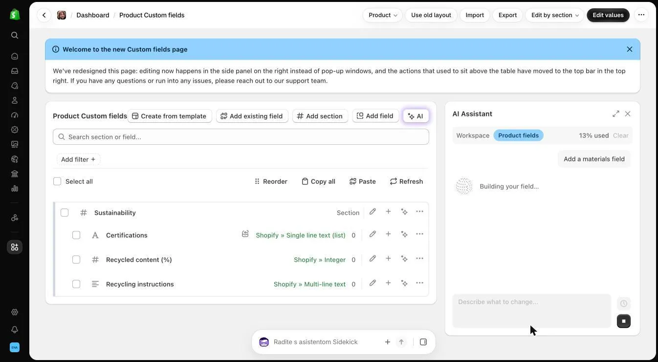 AI Assistant showing a “Building your field” progress message after a request to add a materials field