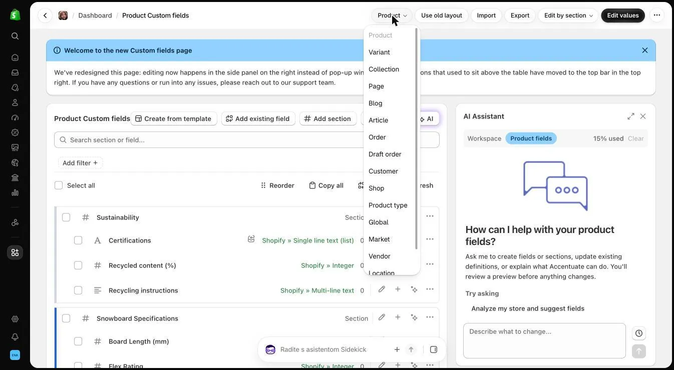 Custom fields page with the scope selector open, listing resource types next to the AI Assistant panel