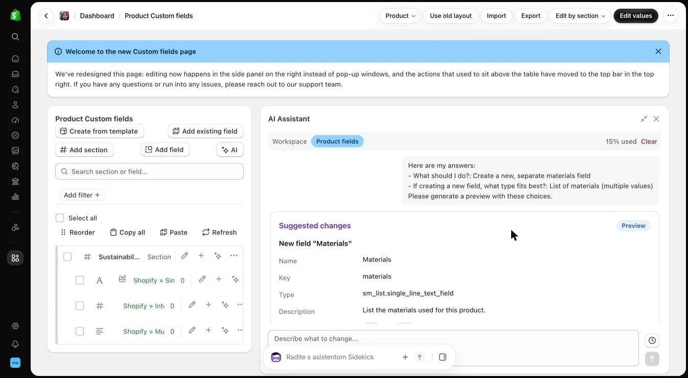 Suggested changes card previewing a new Materials field with its name, key, type and description