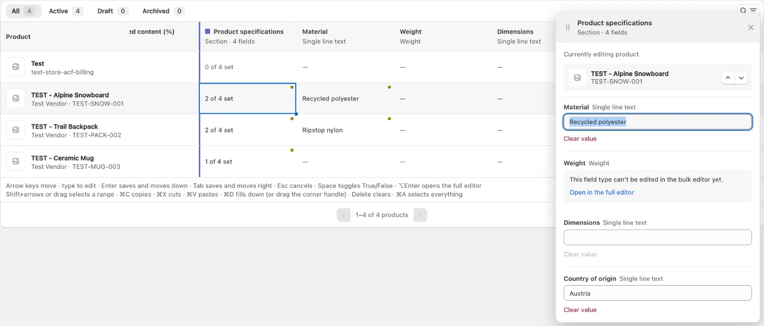 Bulk Editor panel editing every field in a metafield section for one product
