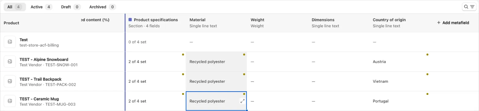 Metafield value filled down a column in the Bulk Editor