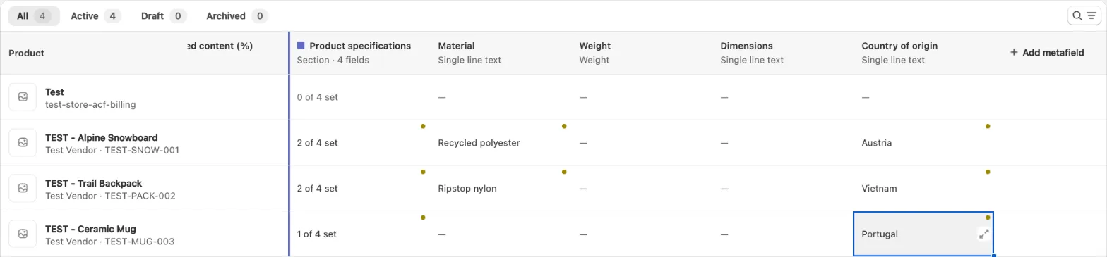 Unsaved metafield edits in the Bulk Editor marked with a dot