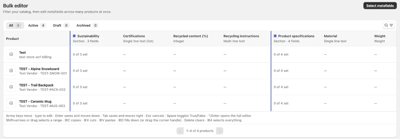 Bulk Editor grid with Shopify products as rows and product metafields as columns