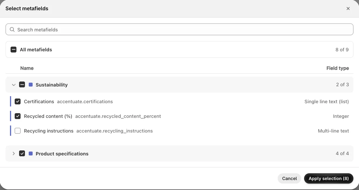 Select metafields window choosing which metafield columns the Bulk Editor shows