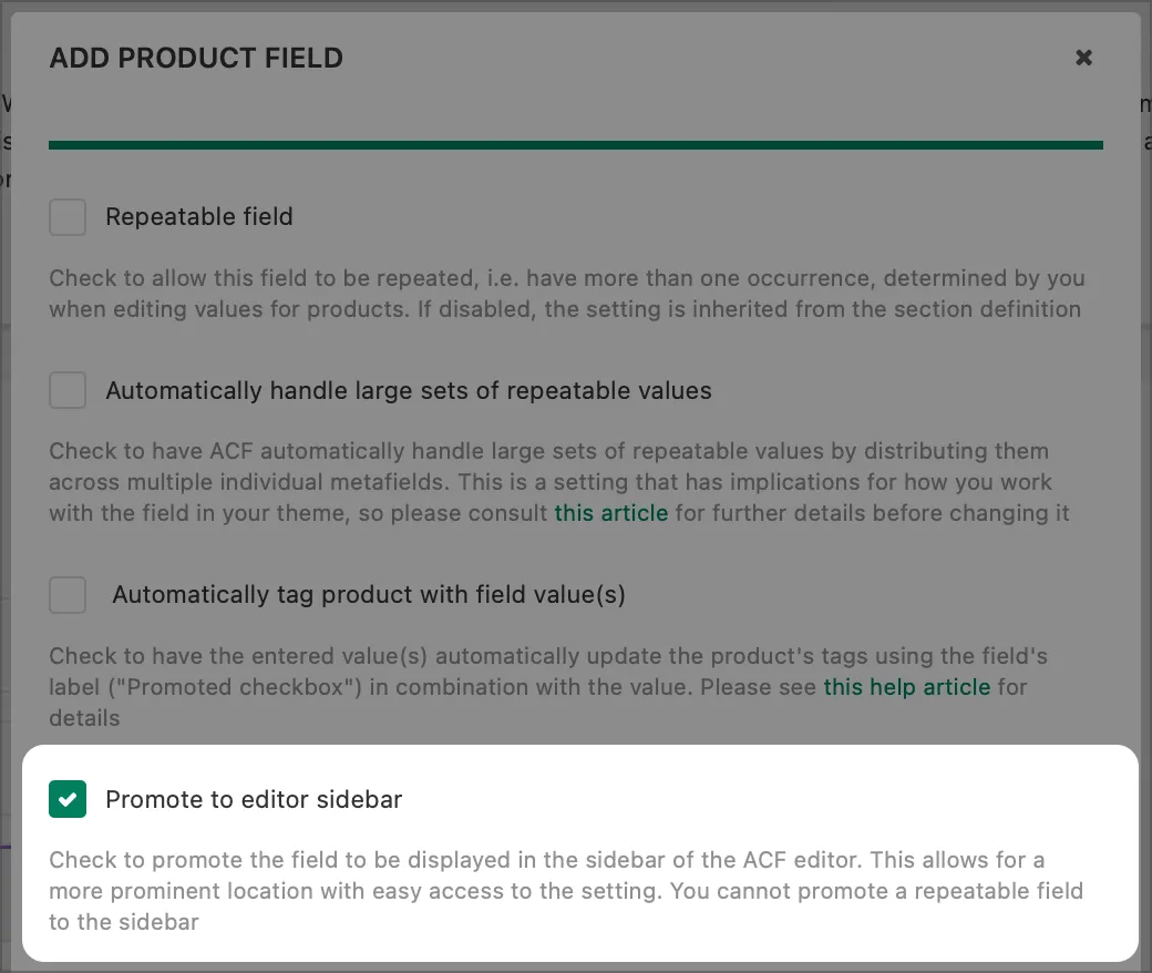 Promote fields to sidebar screenshot