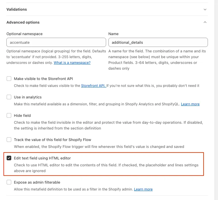 Shopify » Multi-line text: Storing HTML in a Multi line text field