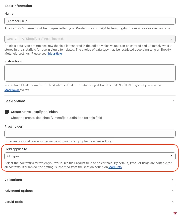 Field contexts: field applies to