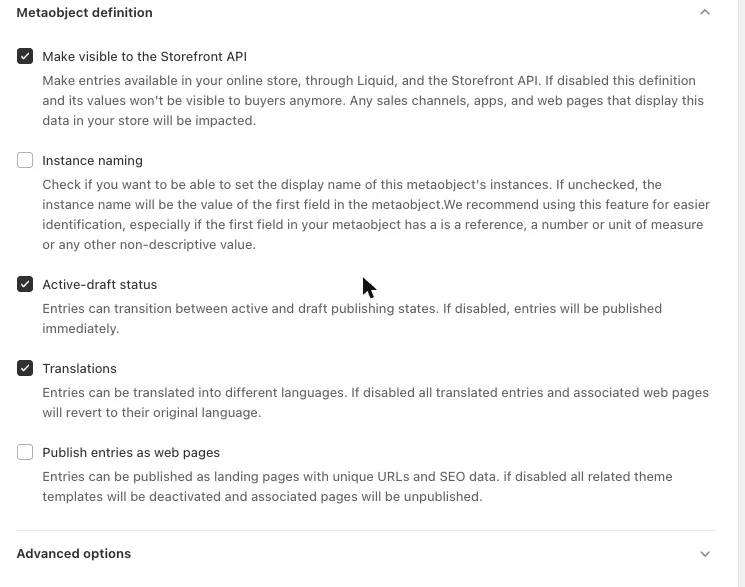 Metaobject Definitions: Metaobject definition settings