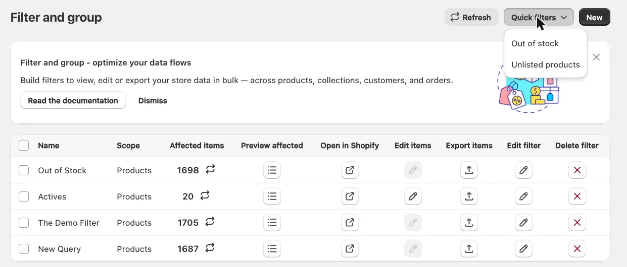 Filter usage: Quick filters