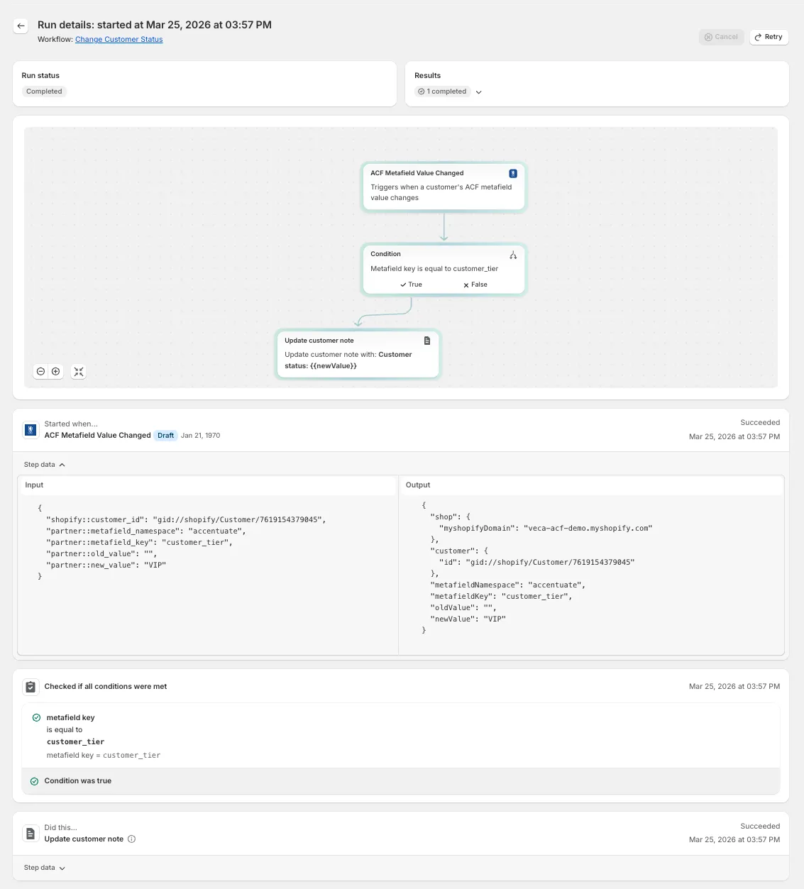 Using Metafield value change as a Shopify Flow tigger: Example: Set the Customer status
