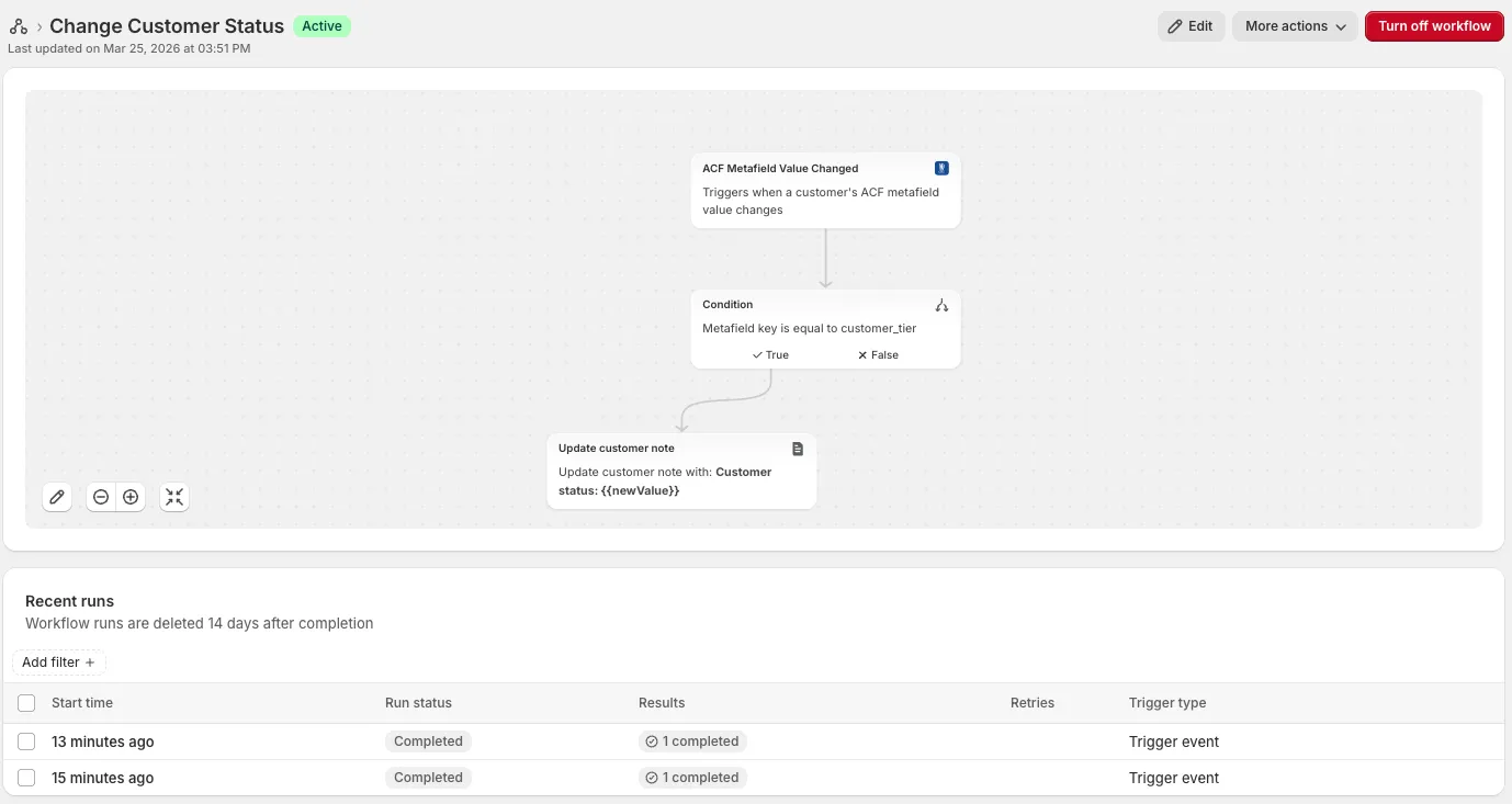 Using Metafield value change as a Shopify Flow tigger: 3. Check the Recent runs tab